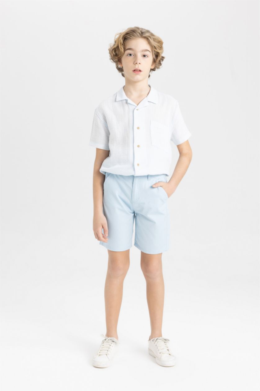 Erkek Çocuk - Genç Erkek Açık Mavi Cepli Basic Düz Gabardin Şort Erkek Çocuk