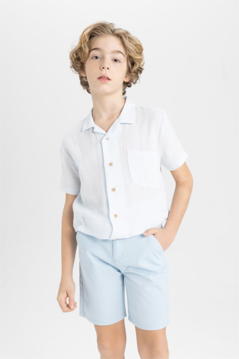 Erkek Çocuk - Genç Erkek Açık Mavi Cepli Basic Düz Gabardin Şort Erkek Çocuk