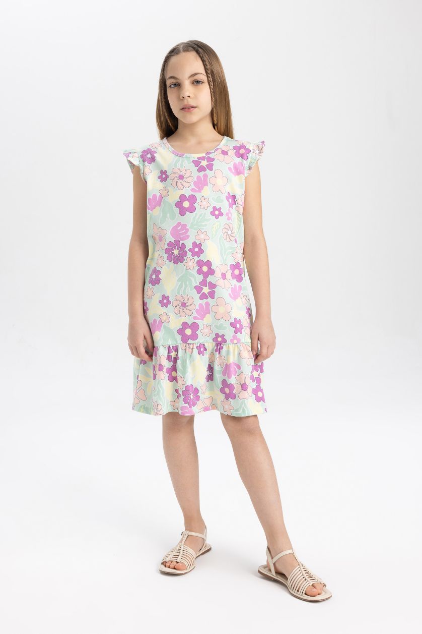 Kız Çocuk - Genç Kız Deniz Mavisi Kız Çocuk Yarım Kollu Çiçekli Elbise