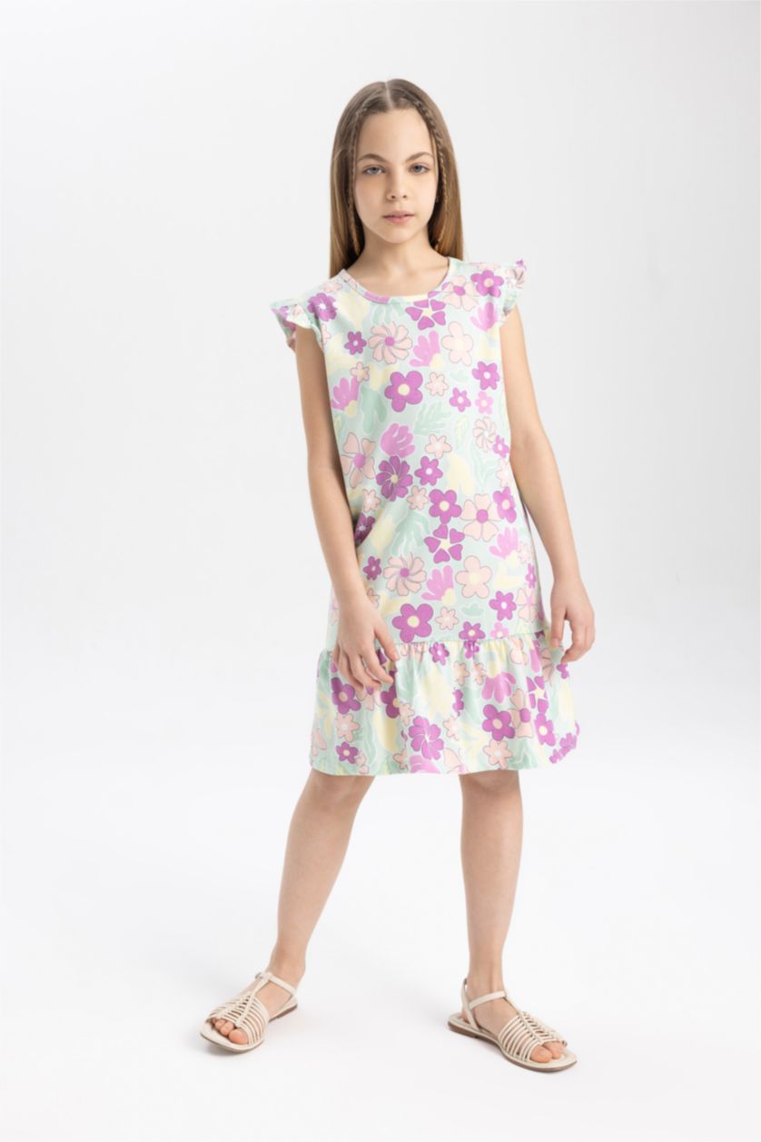 Kız Çocuk - Genç Kız Deniz Mavisi Kız Çocuk Yarım Kollu Çiçekli Elbise