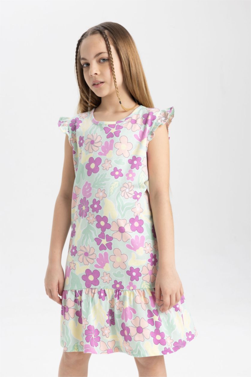 Kız Çocuk - Genç Kız Deniz Mavisi Kız Çocuk Yarım Kollu Çiçekli Elbise