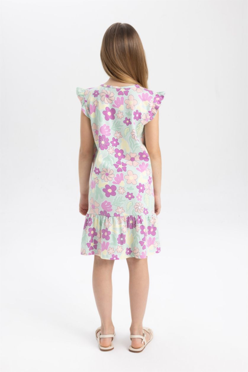 Kız Çocuk - Genç Kız Deniz Mavisi Kız Çocuk Yarım Kollu Çiçekli Elbise