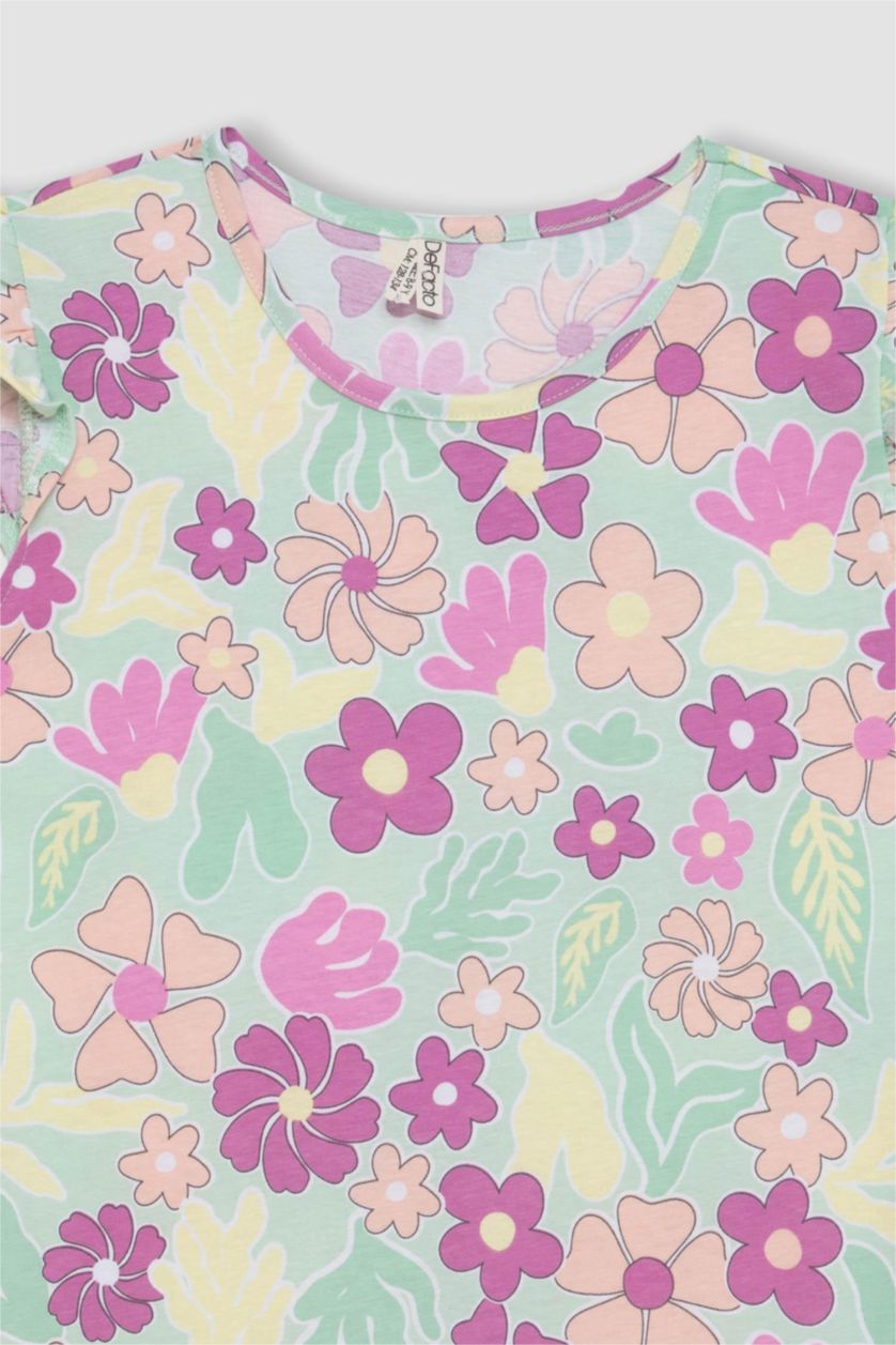 Kız Çocuk - Genç Kız Deniz Mavisi Kız Çocuk Yarım Kollu Çiçekli Elbise