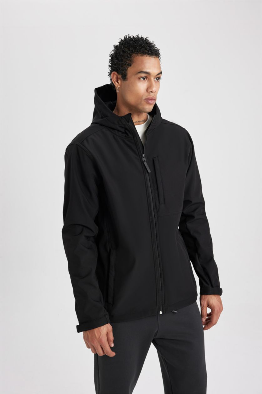 MAN Black DeFactoFit Thermal Insulated Regular Fit Hooded Zippered Softshell Jacket