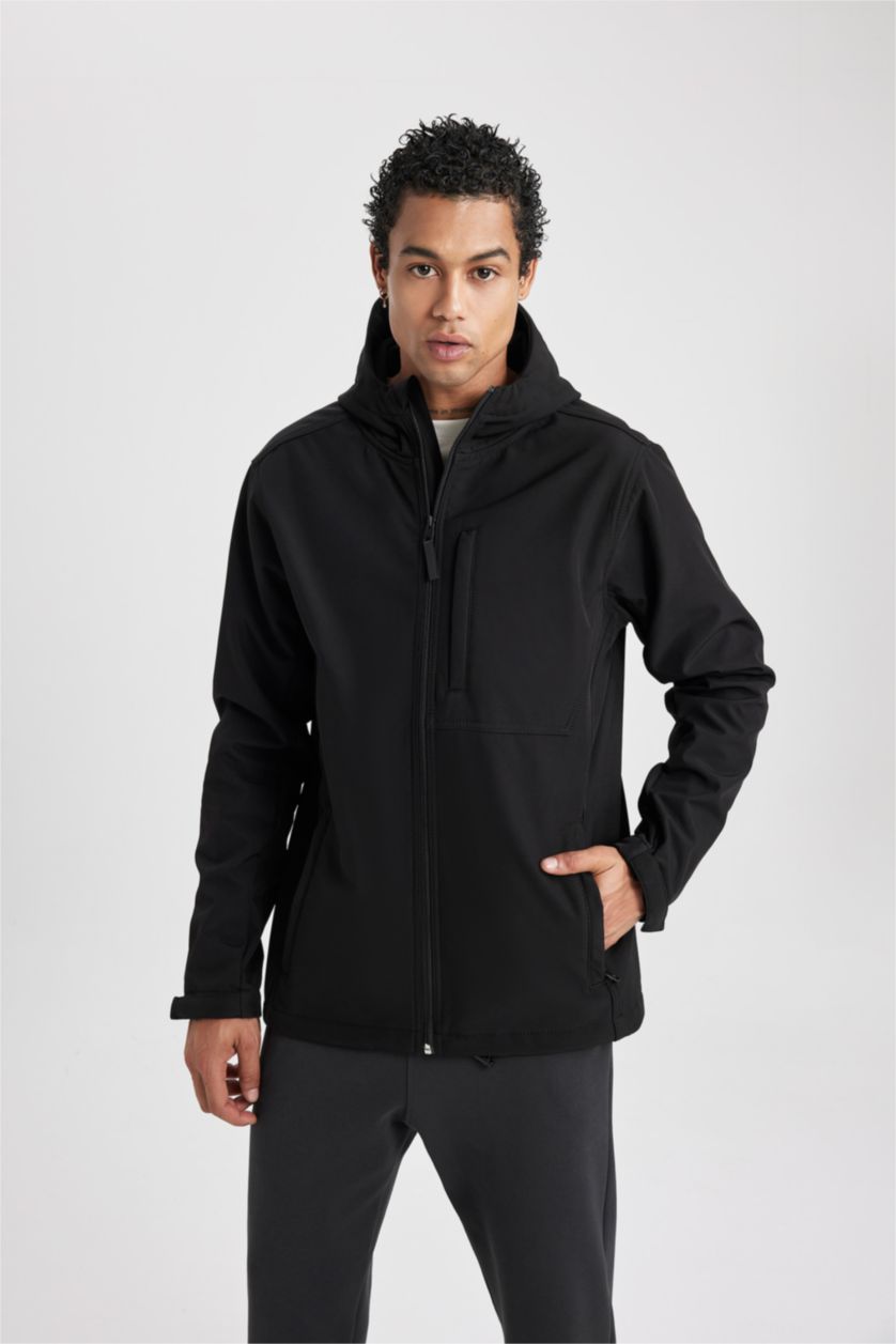 MAN Black DeFactoFit Thermal Insulated Regular Fit Hooded Zippered Softshell Jacket