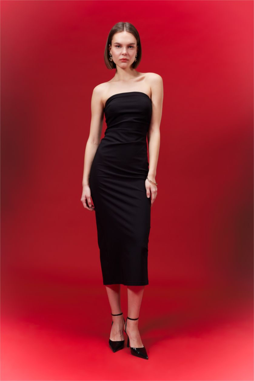 Kadın Siyah Bodycon Vücudu Saran Straplez Basıc Siyah Maxi Elbise