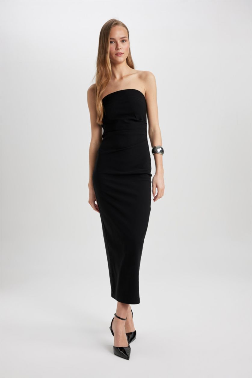 Kadın Siyah Bodycon Vücudu Saran Straplez Basıc Siyah Maxi Elbise