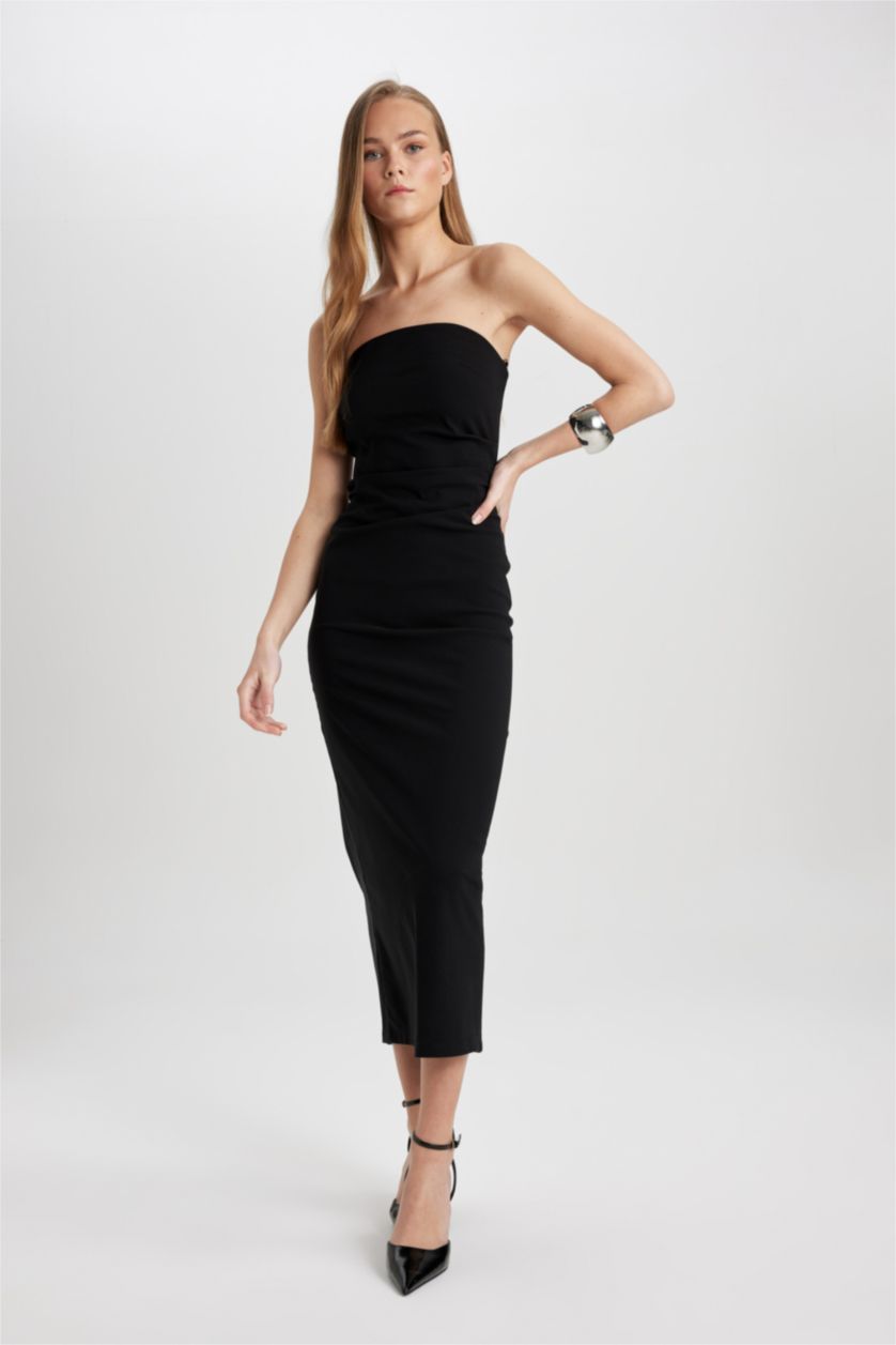Kadın Siyah Bodycon Vücudu Saran Straplez Basıc Siyah Maxi Elbise