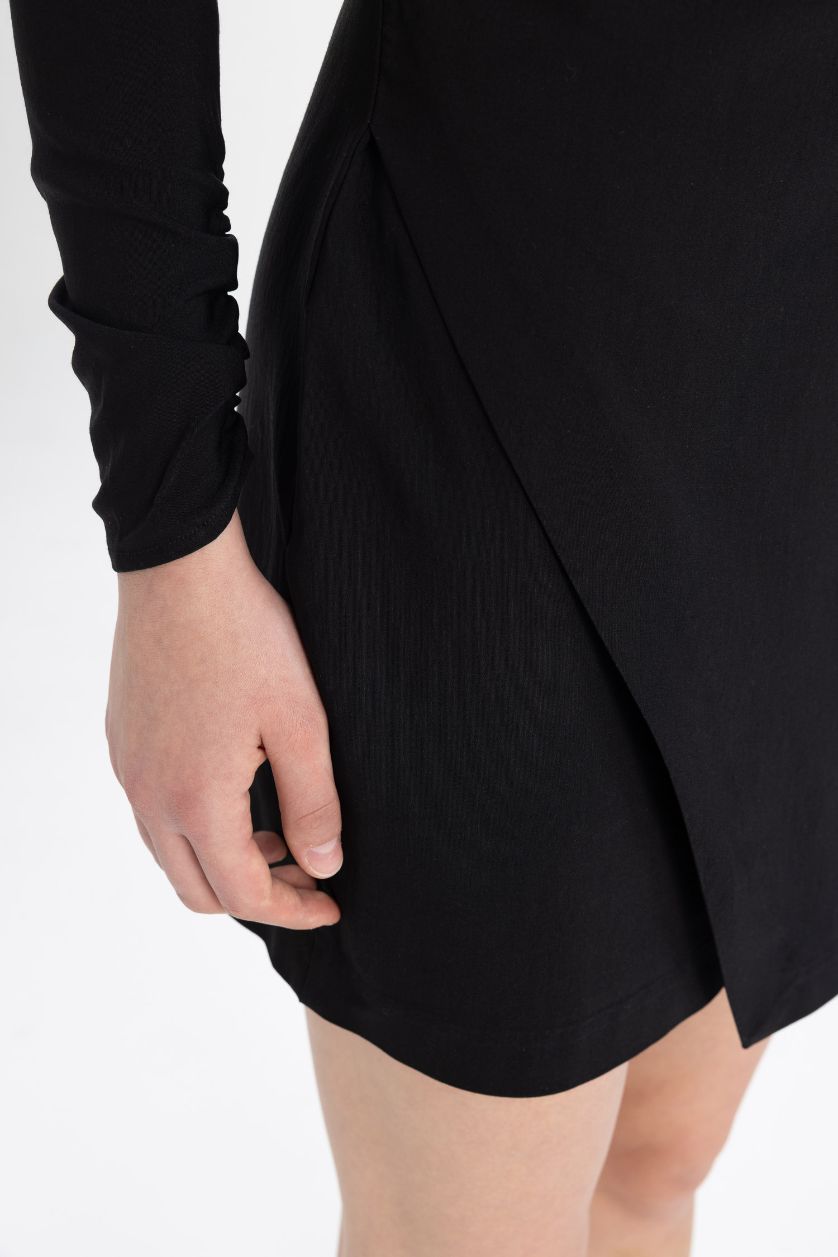 حريمي أسود فستان قصير نص كم بياقة قارب