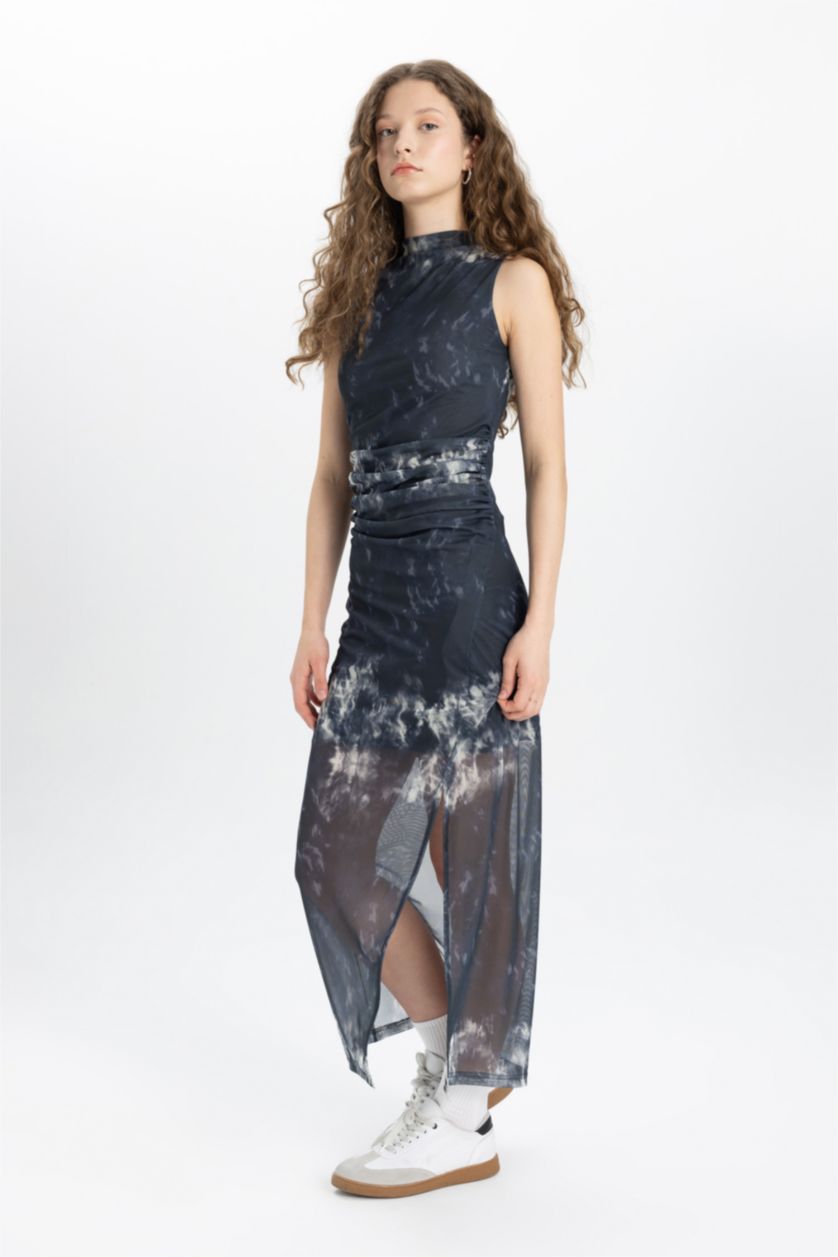 Kadın Lacivert Bodycon Vücudu Saran Dik Yaka Yırtmaçlı Batik Tül Kolsuz Maxi Elbise