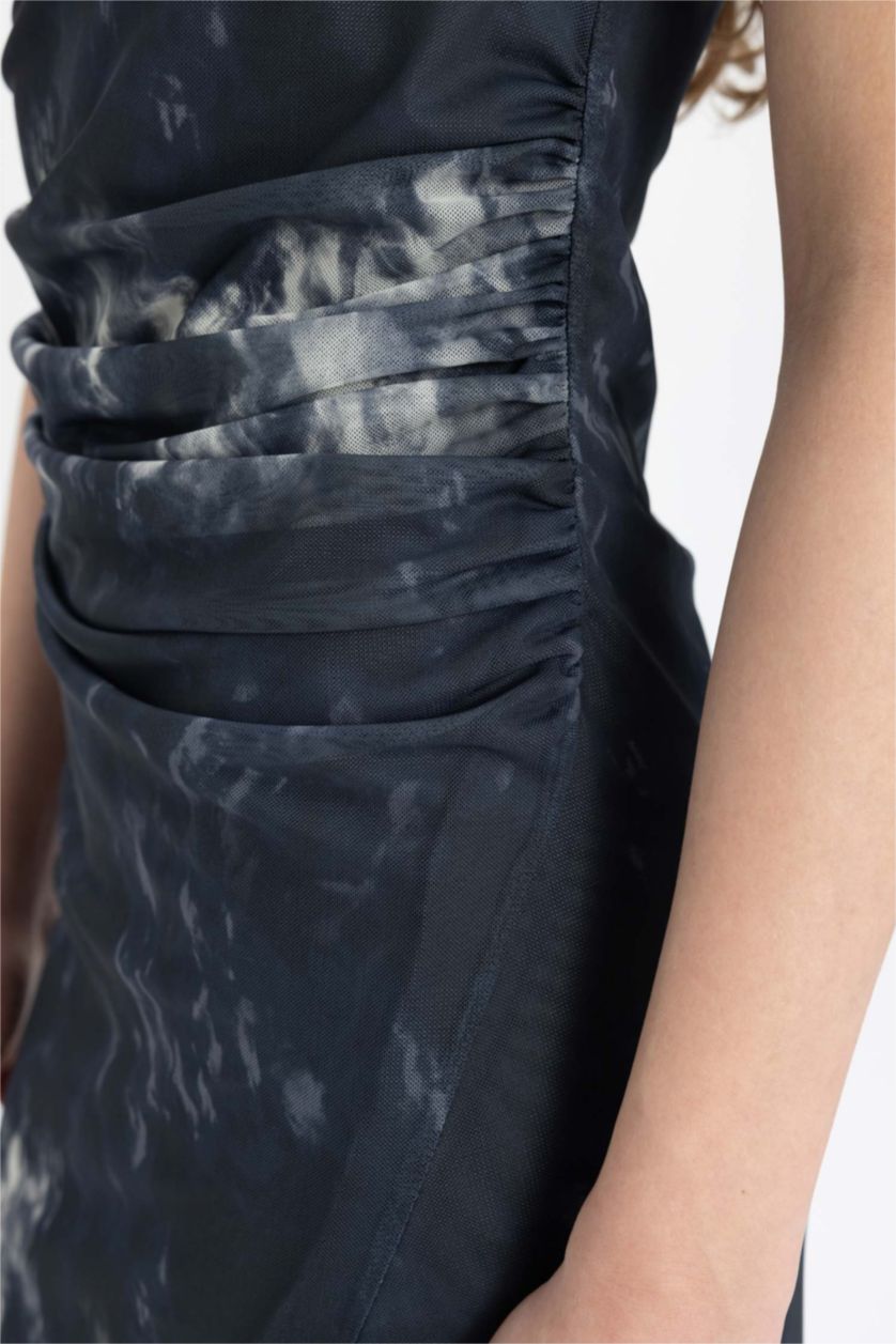 Kadın Lacivert Bodycon Vücudu Saran Dik Yaka Yırtmaçlı Batik Tül Kolsuz Maxi Elbise