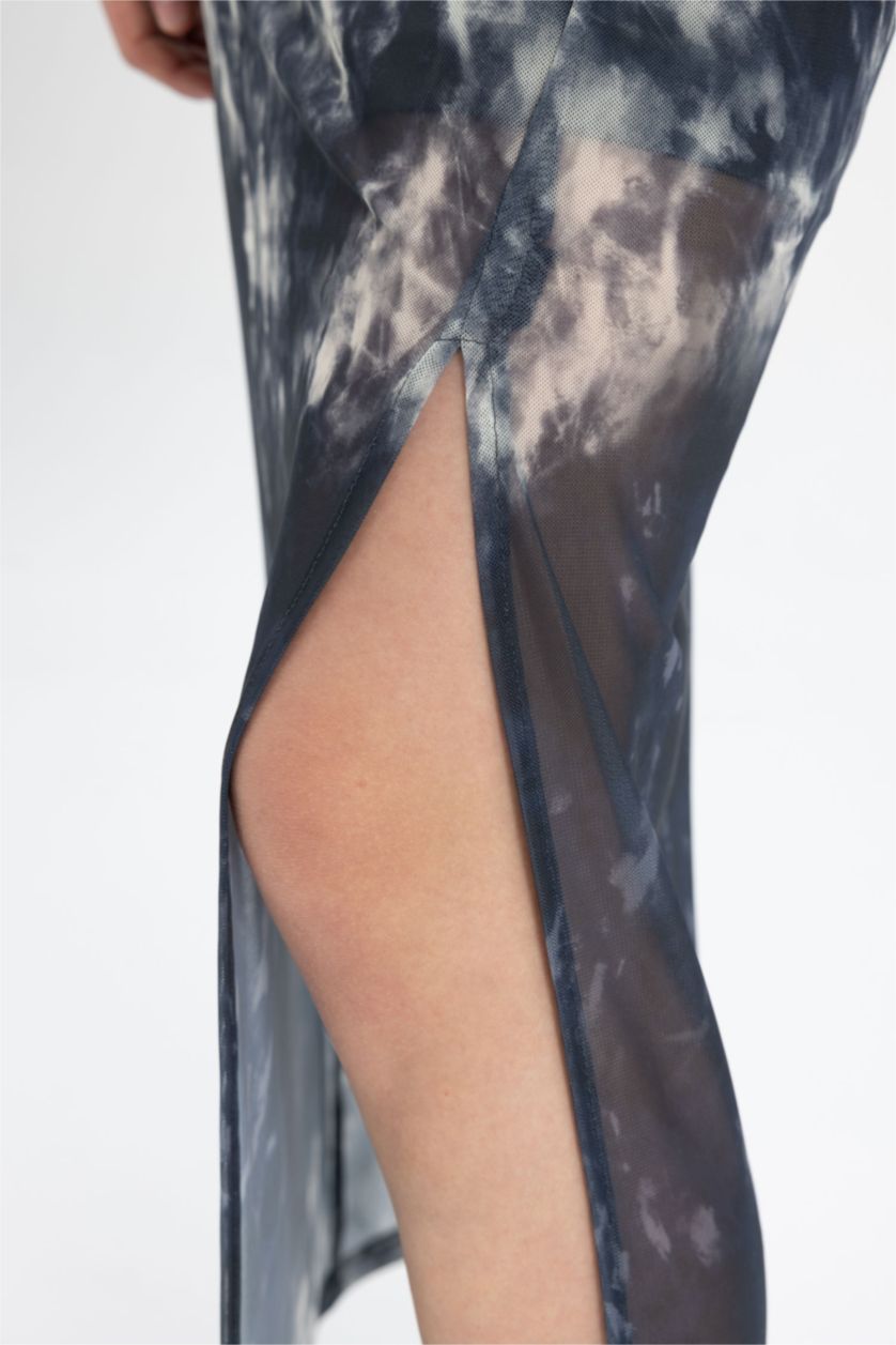 Kadın Lacivert Bodycon Vücudu Saran Dik Yaka Yırtmaçlı Batik Tül Kolsuz Maxi Elbise