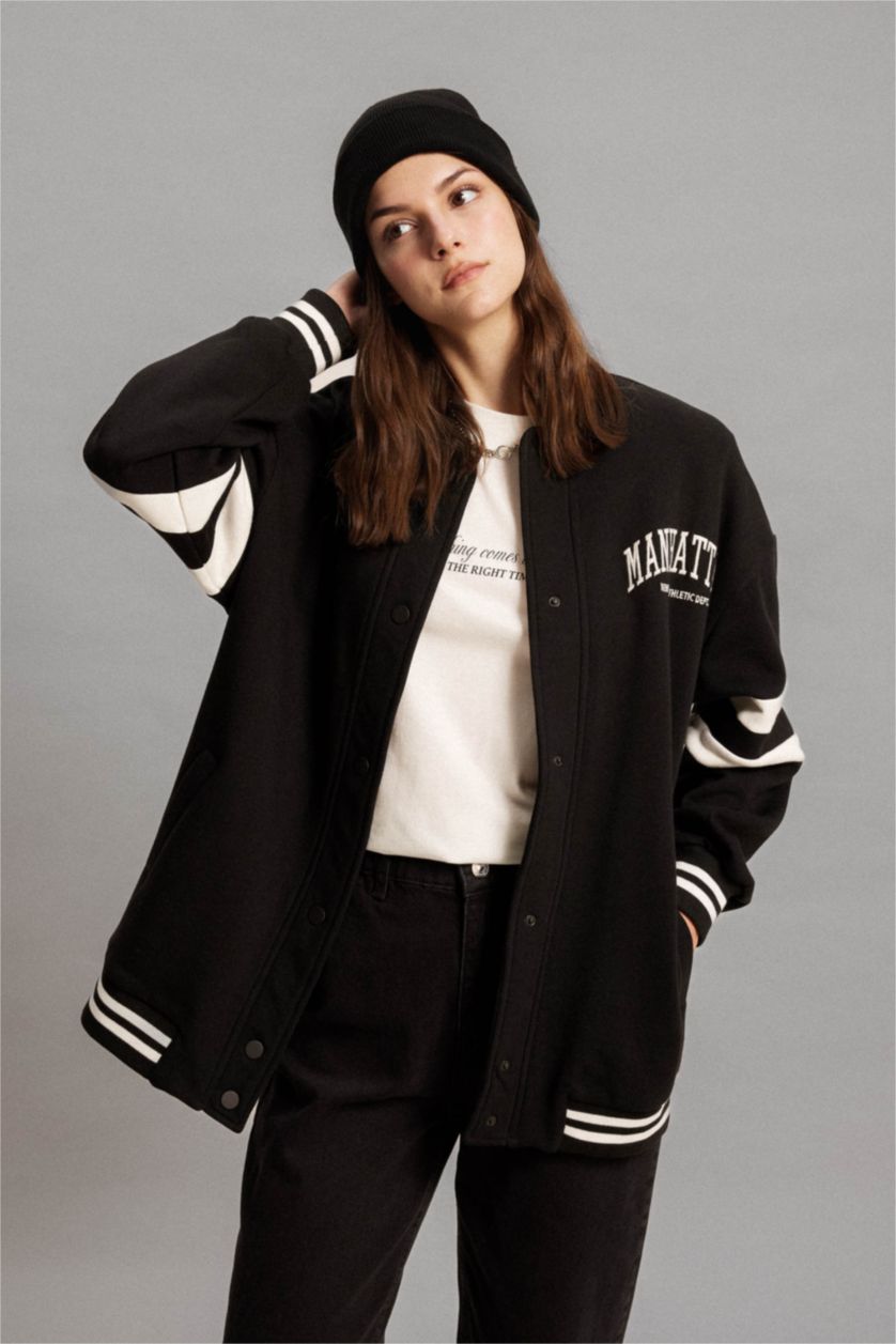 Kadın Siyah Kolej Yaka Bomber Ceket Hırka Nakışlı Çıtçıtlı İçi Yumuşak Tüylü Kalın