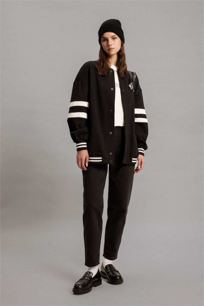 Kadın Siyah Kolej Yaka Bomber Ceket Hırka Nakışlı Çıtçıtlı İçi Yumuşak Tüylü Kalın