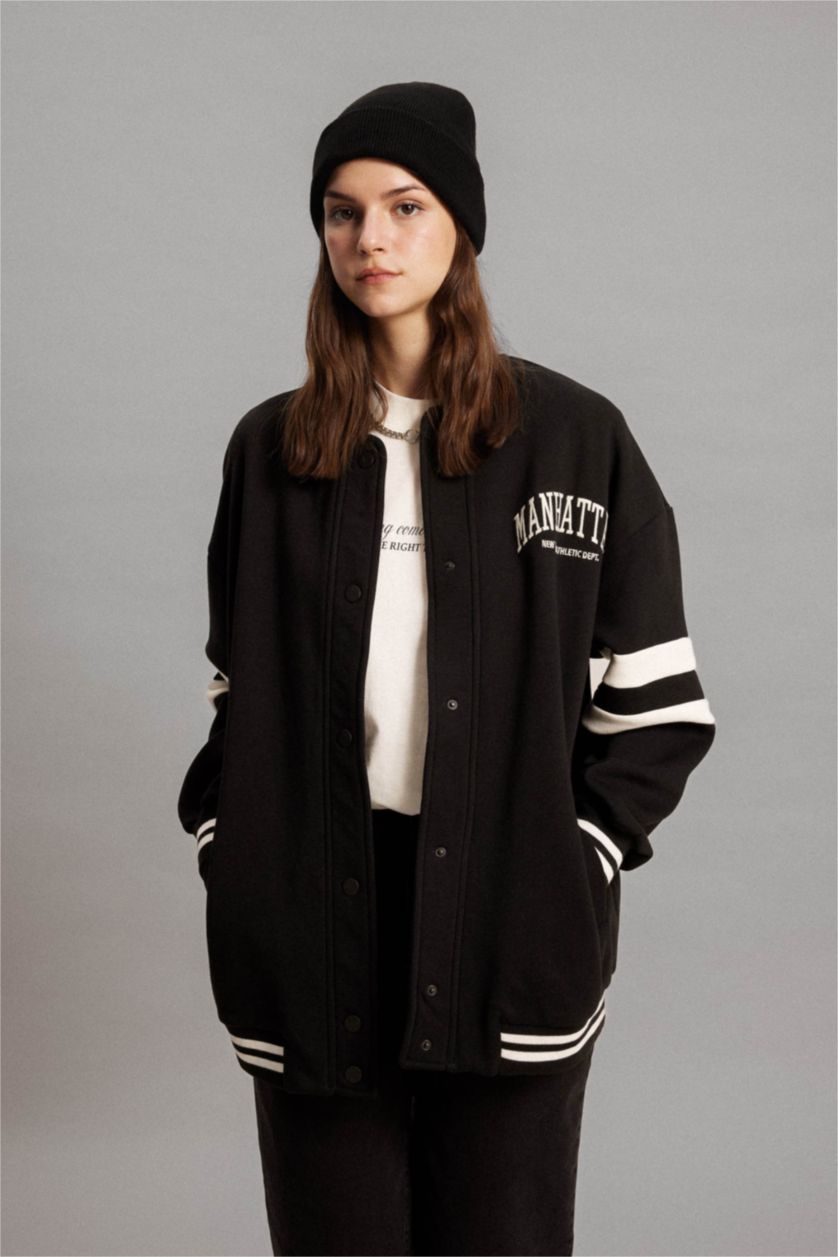 Kadın Siyah Kolej Yaka Bomber Ceket Hırka Nakışlı Çıtçıtlı İçi Yumuşak Tüylü Kalın