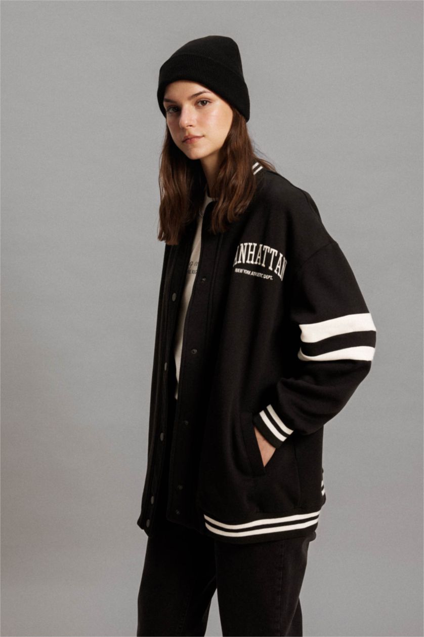 Kadın Siyah Kolej Yaka Bomber Ceket Hırka Nakışlı Çıtçıtlı İçi Yumuşak Tüylü Kalın