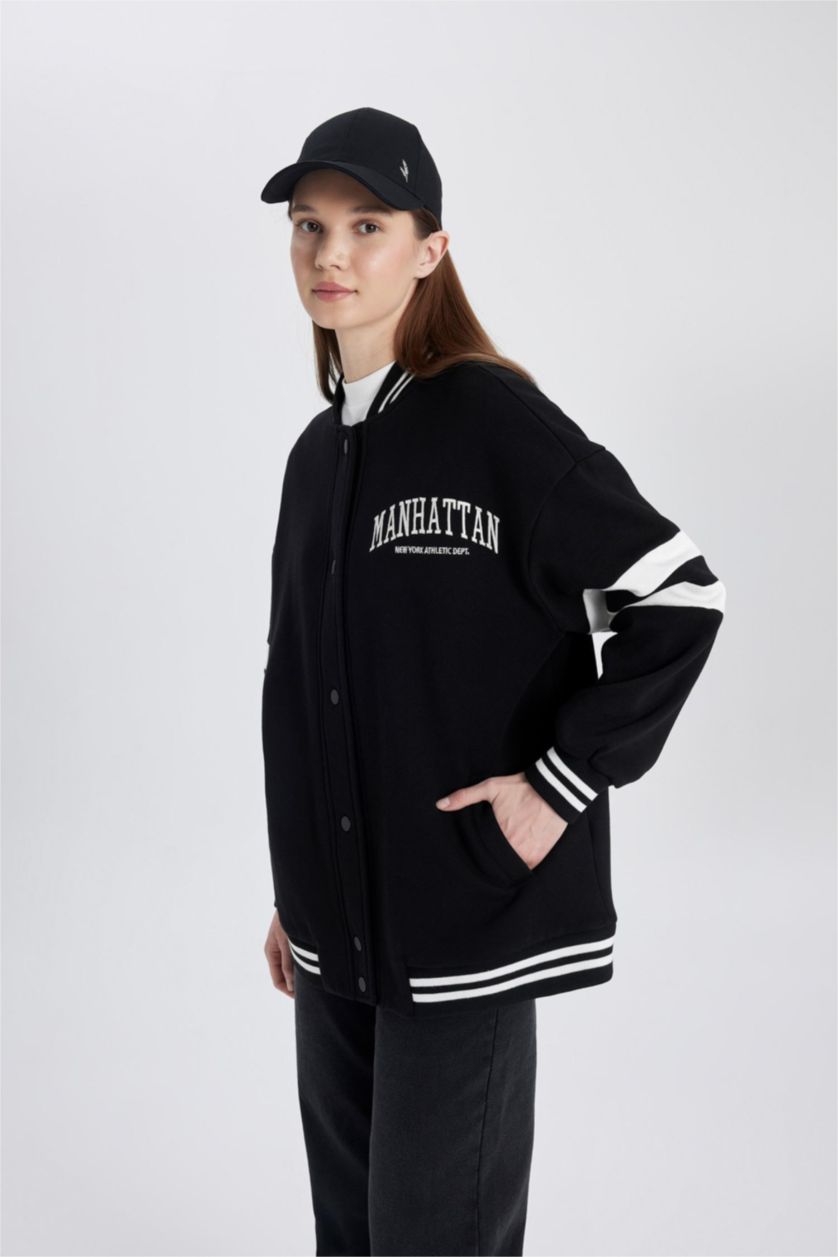 Kadın Siyah Kolej Yaka Bomber Ceket Hırka Nakışlı Çıtçıtlı İçi Yumuşak Tüylü Kalın