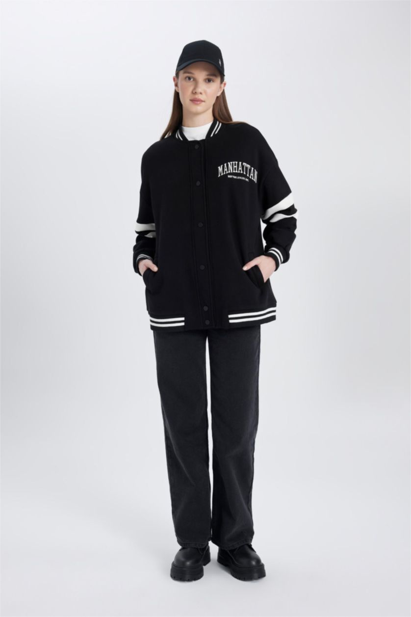 Kadın Siyah Kolej Yaka Bomber Ceket Hırka Nakışlı Çıtçıtlı İçi Yumuşak Tüylü Kalın