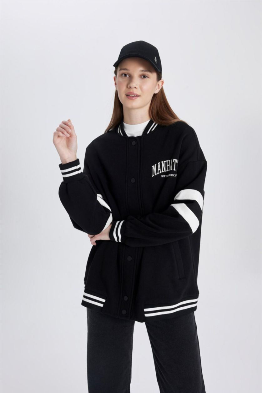 Kadın Siyah Kolej Yaka Bomber Ceket Hırka Nakışlı Çıtçıtlı İçi Yumuşak Tüylü Kalın