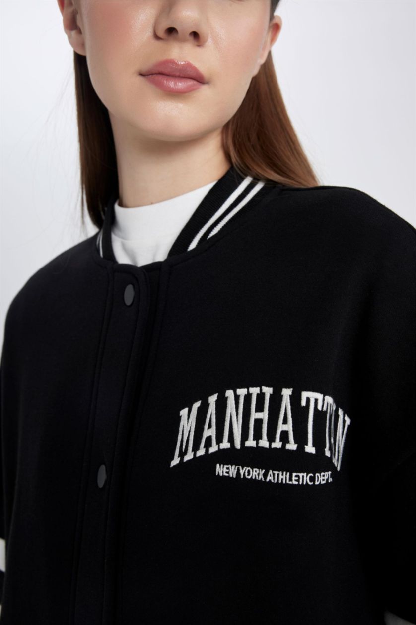 Kadın Siyah Kolej Yaka Bomber Ceket Hırka Nakışlı Çıtçıtlı İçi Yumuşak Tüylü Kalın