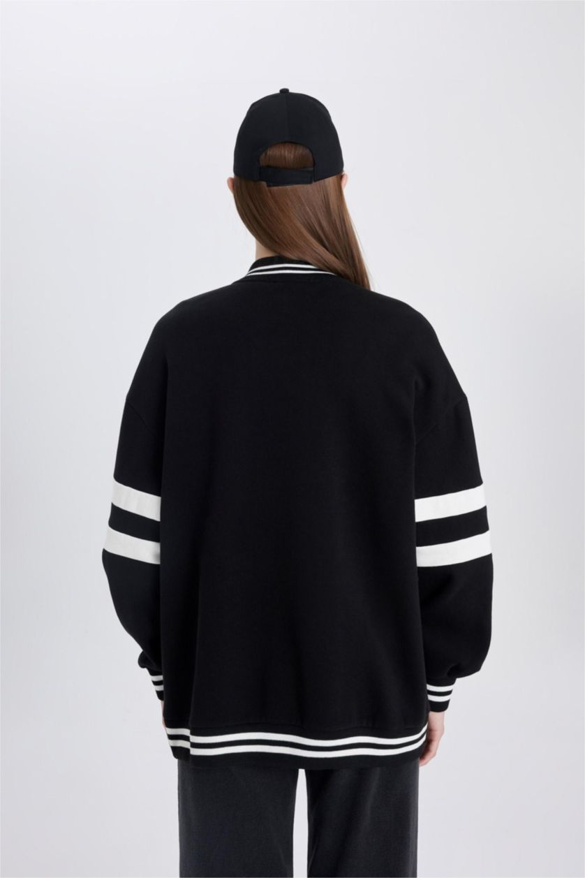 Kadın Siyah Kolej Yaka Bomber Ceket Hırka Nakışlı Çıtçıtlı İçi Yumuşak Tüylü Kalın