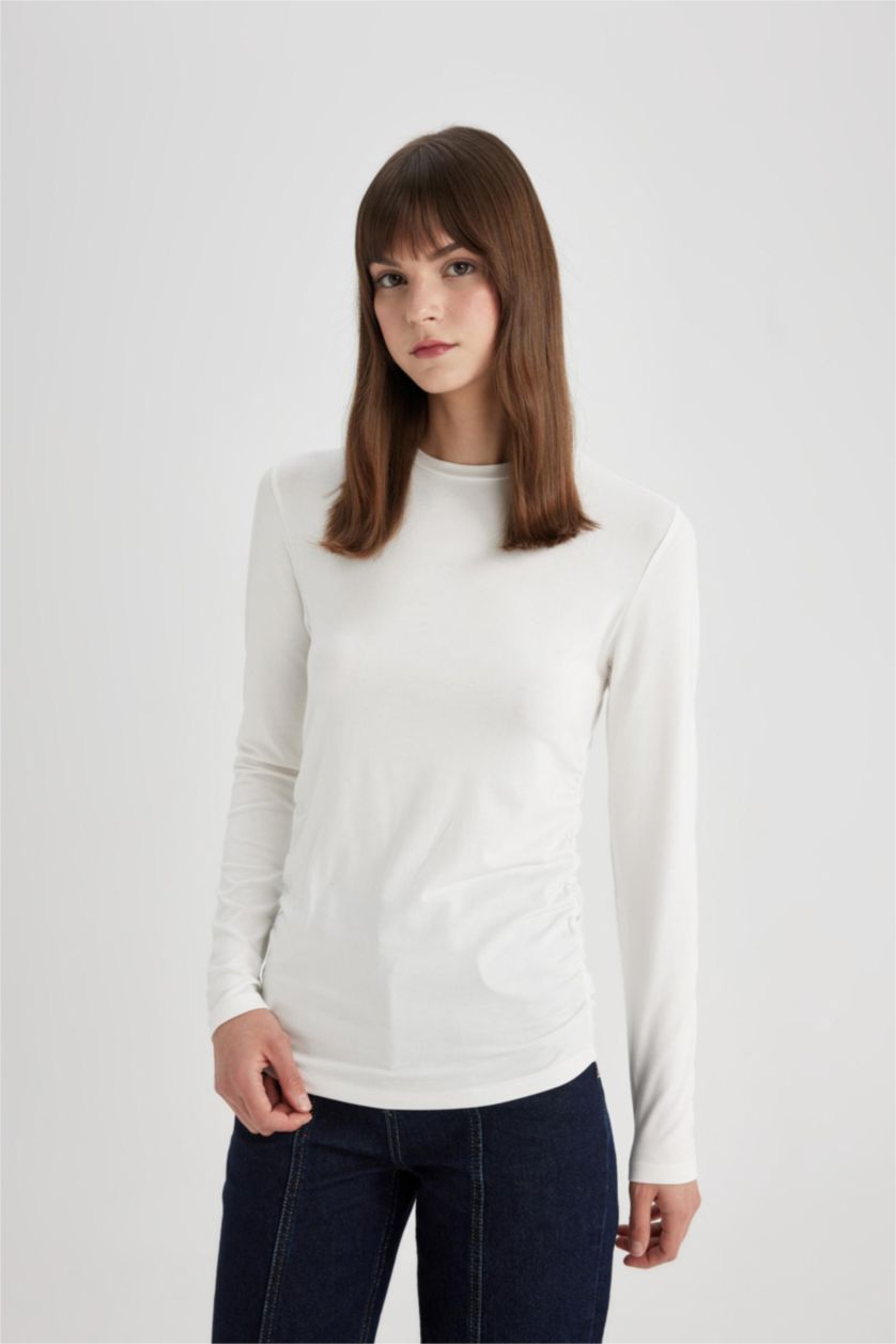 Woman Ecru Basic Long Sleeve T-Shirt Tunic