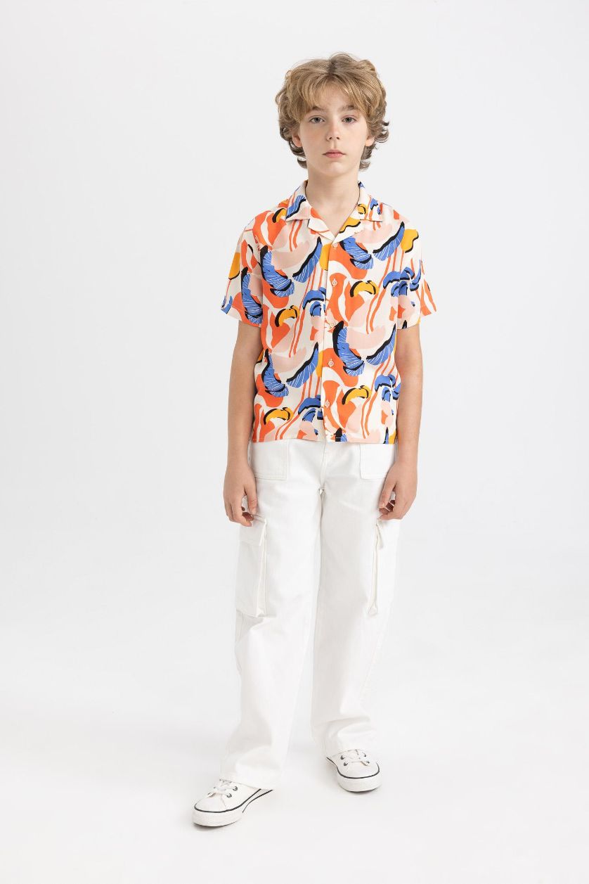 Erkek Çocuk - Genç Erkek Ekru Oversize Geniş Kalıp Polo Yaka Desenli Viskon Kısa Kollu Gömlek Erkek Çocuk