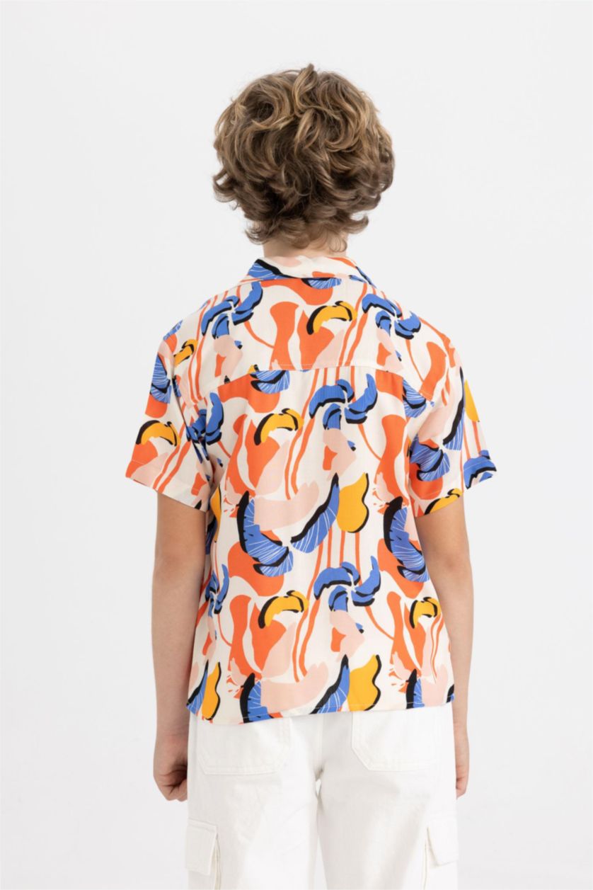 Erkek Çocuk - Genç Erkek Ekru Oversize Geniş Kalıp Polo Yaka Desenli Viskon Kısa Kollu Gömlek Erkek Çocuk