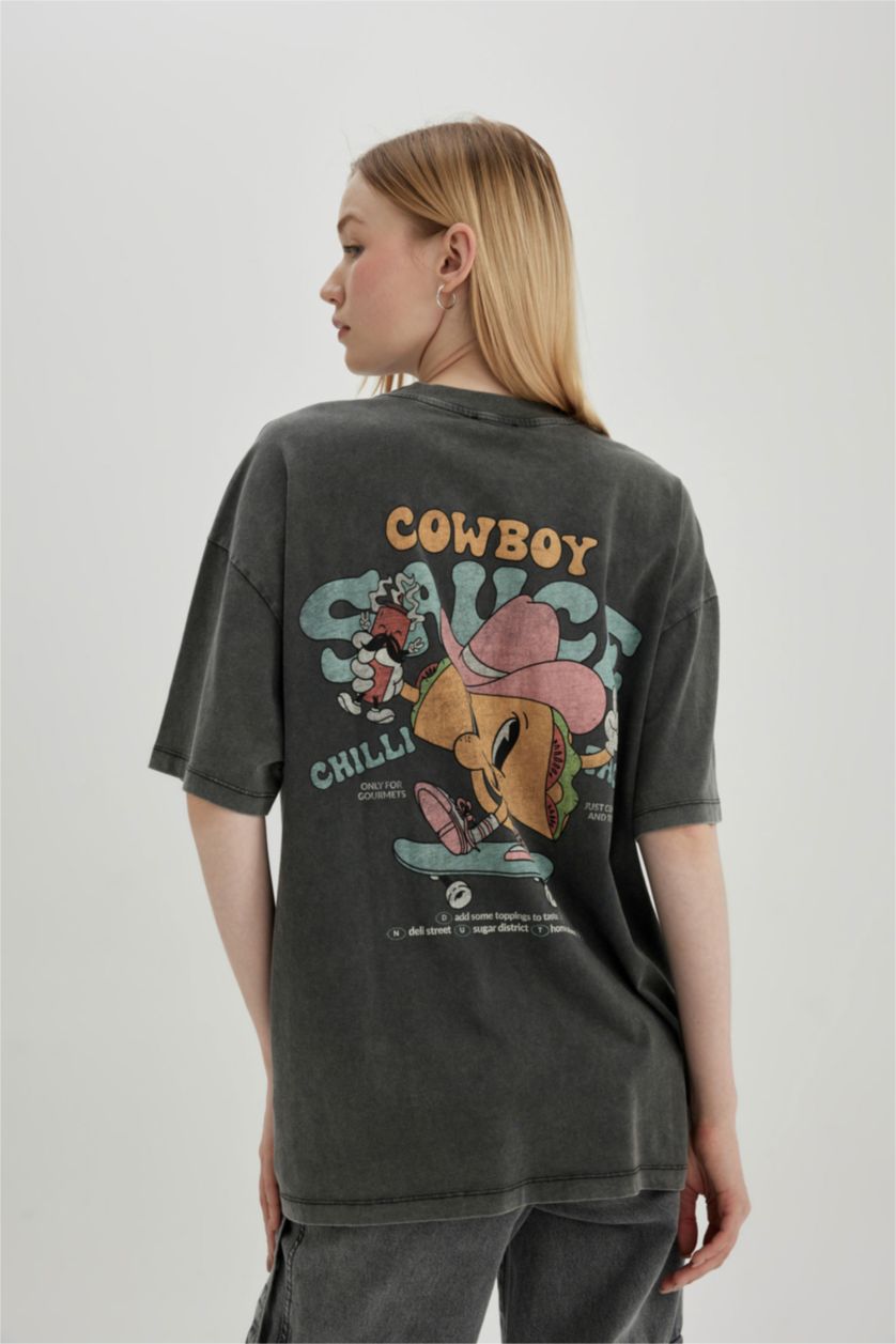 Kadın Antrasit Oversıze Kısa Kollu Tişört