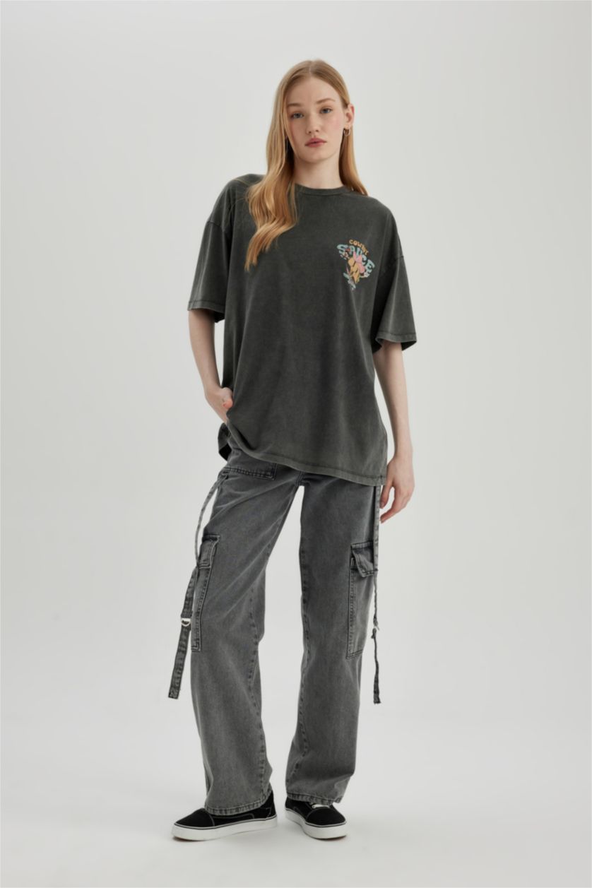 Kadın Antrasit Oversıze Kısa Kollu Tişört