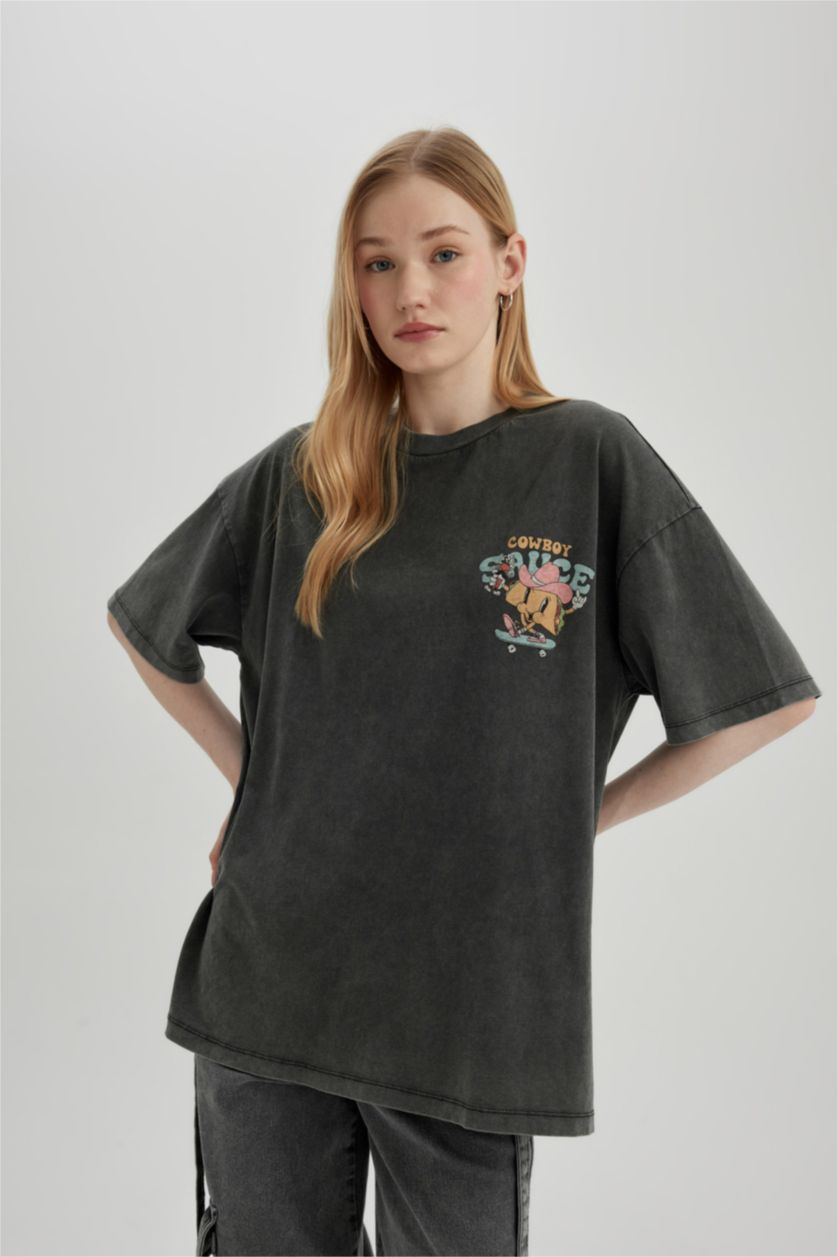 Kadın Antrasit Oversıze Kısa Kollu Tişört