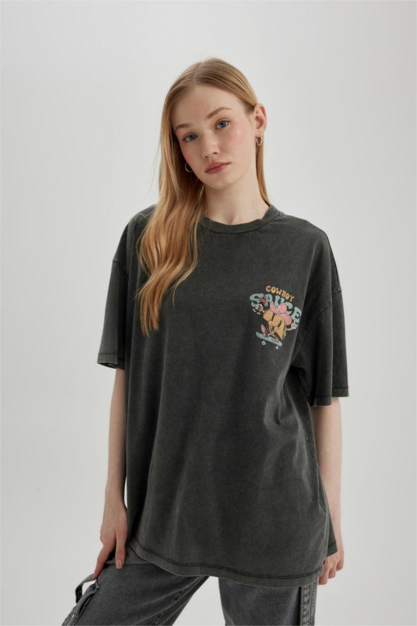 Kadın Antrasit Oversıze Kısa Kollu Tişört