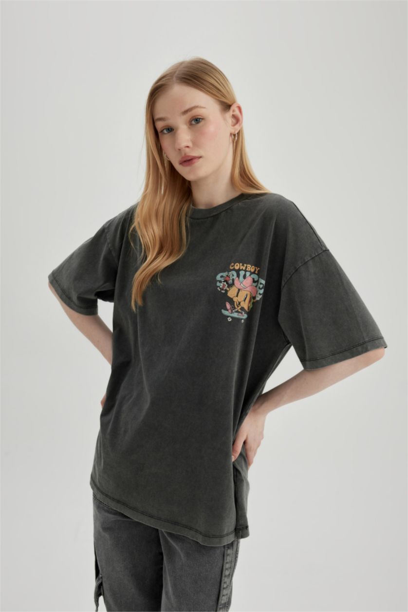 Kadın Antrasit Oversıze Kısa Kollu Tişört