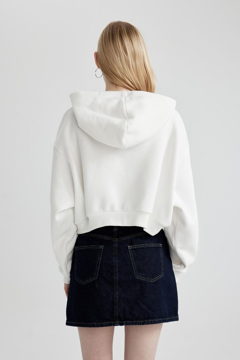 Kadın Kırık Beyaz Yale University Oversize Geniş Kalıp Kapüşonlu Crop Sweatshirt