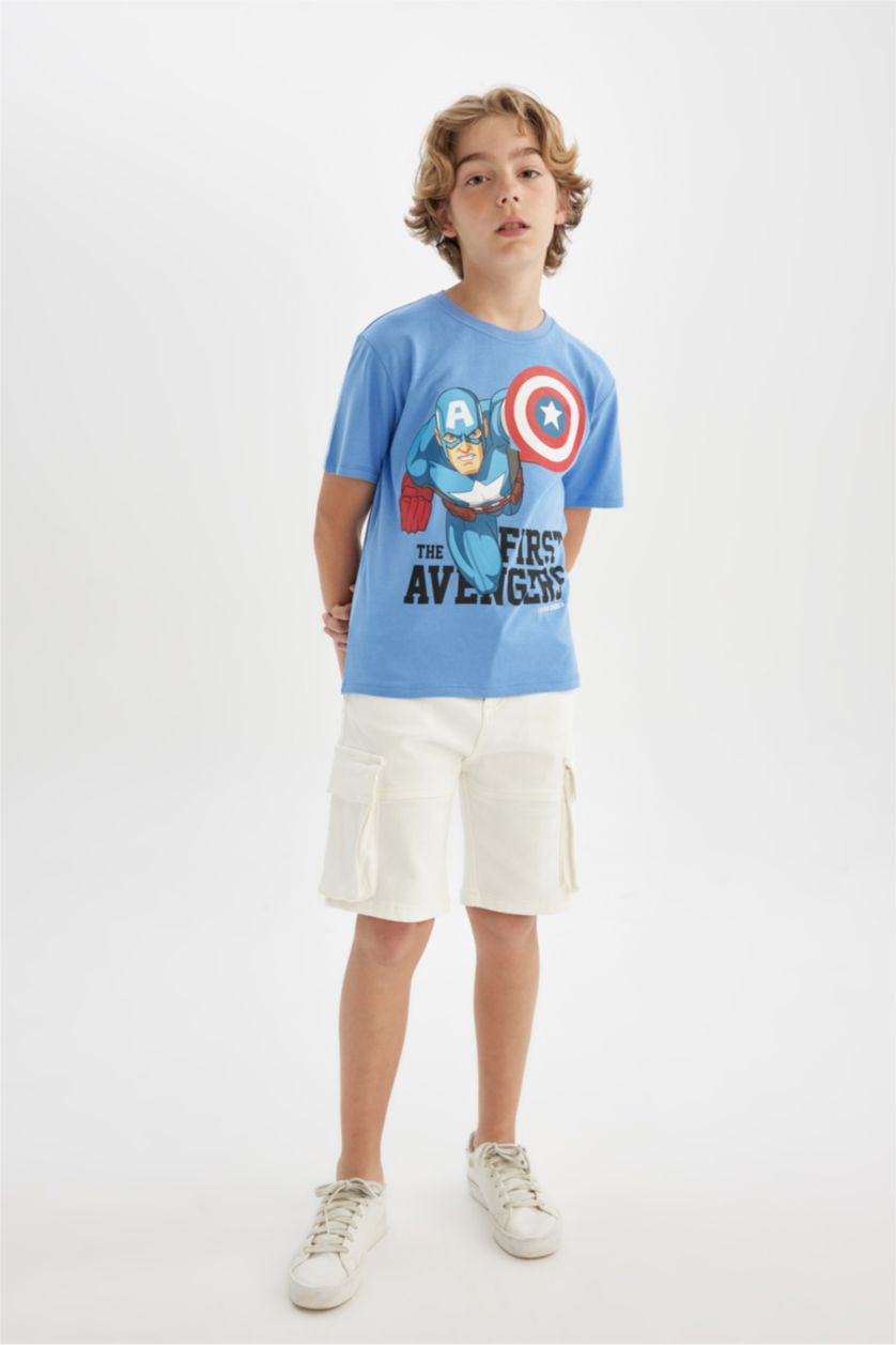 Erkek Çocuk - Genç Erkek Mavi Marvel Avengers Bisiklet Yaka Kısa Kollu Tişört Erkek Çocuk