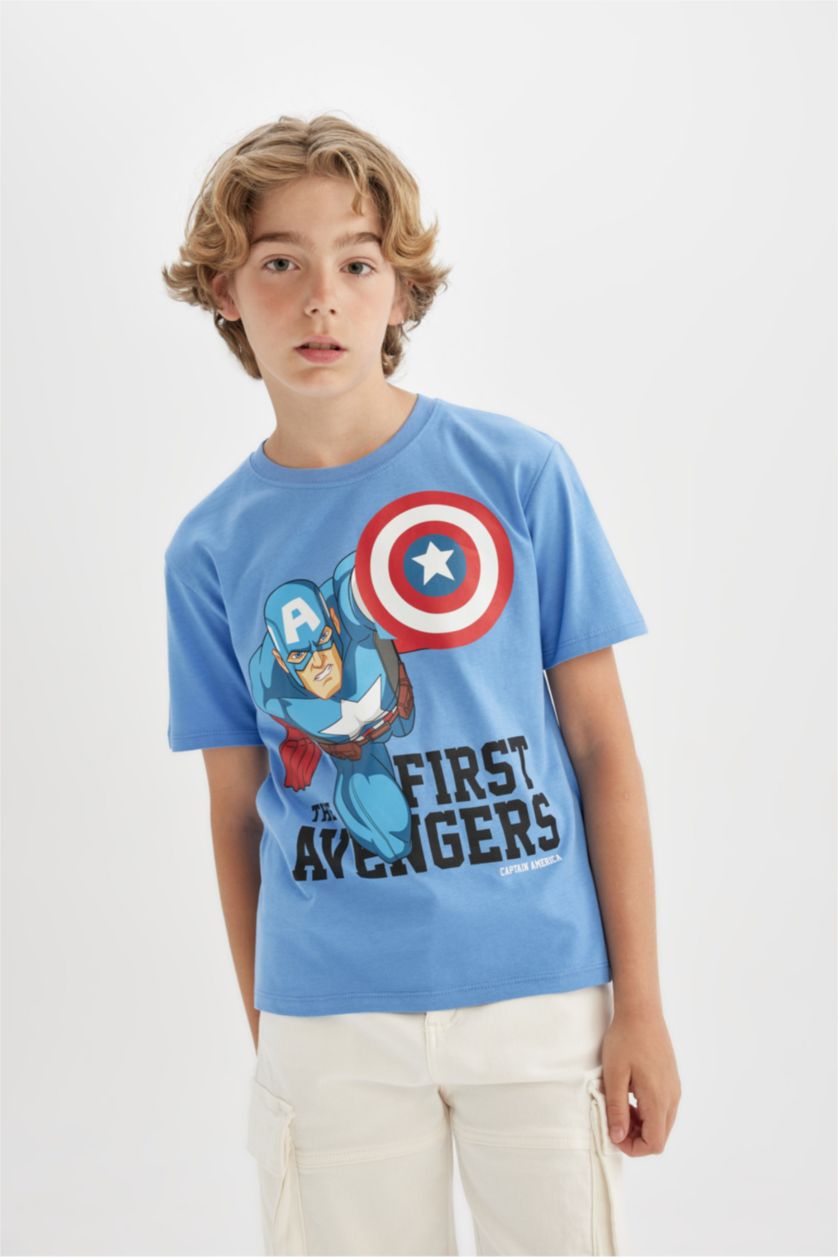 Erkek Çocuk - Genç Erkek Mavi Marvel Avengers Bisiklet Yaka Kısa Kollu Tişört Erkek Çocuk