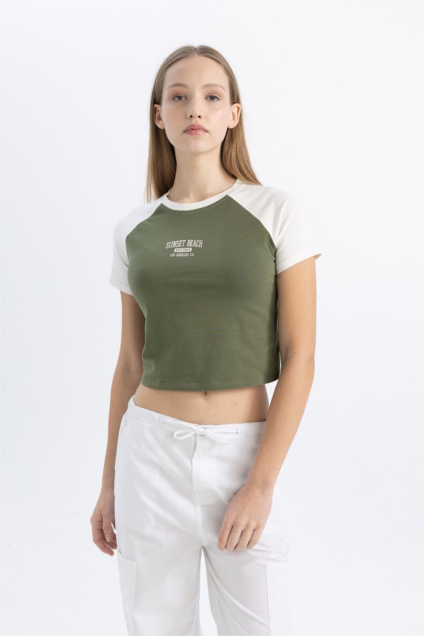 نساء كاكي تيشيرت نص ردن سليم فيت