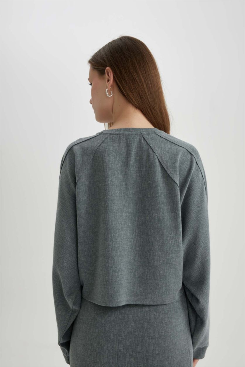 Kadın Mat Yeşil Relax Fit Bisiklet Yaka Basic Düz Uzun Kollu Tişört