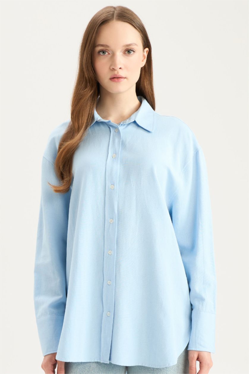 Kadın Açık Mavi Relax Fıt Keten Uzun Kollu Tunik