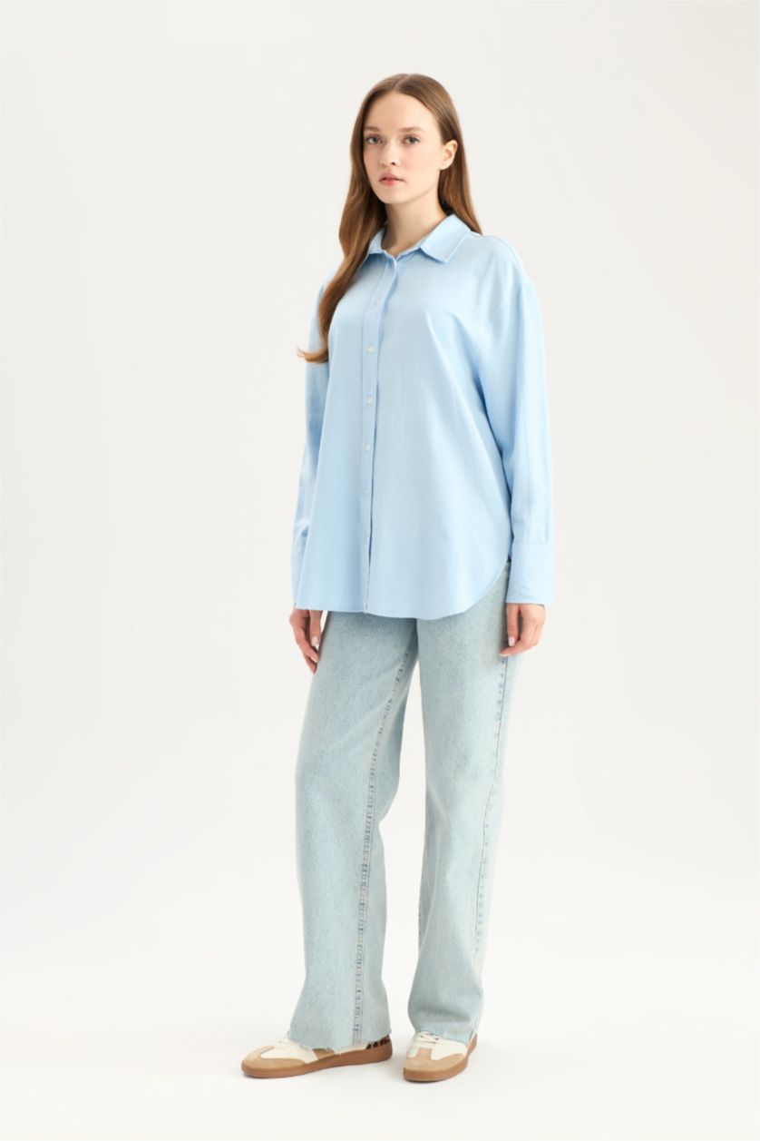 Kadın Açık Mavi Relax Fıt Keten Uzun Kollu Tunik