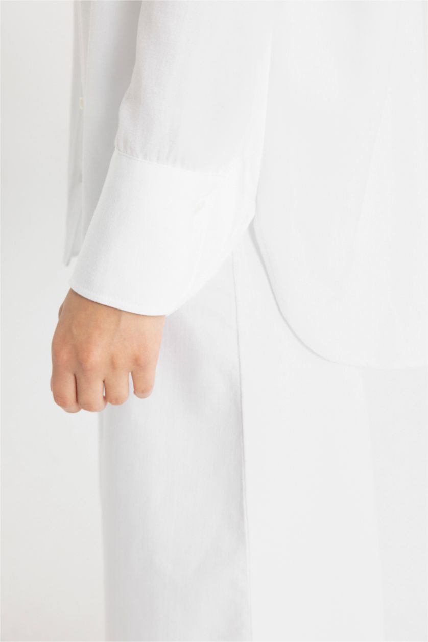 Kadın Beyaz Relax Fit Keten Uzun Kollu Gömlek Tunik