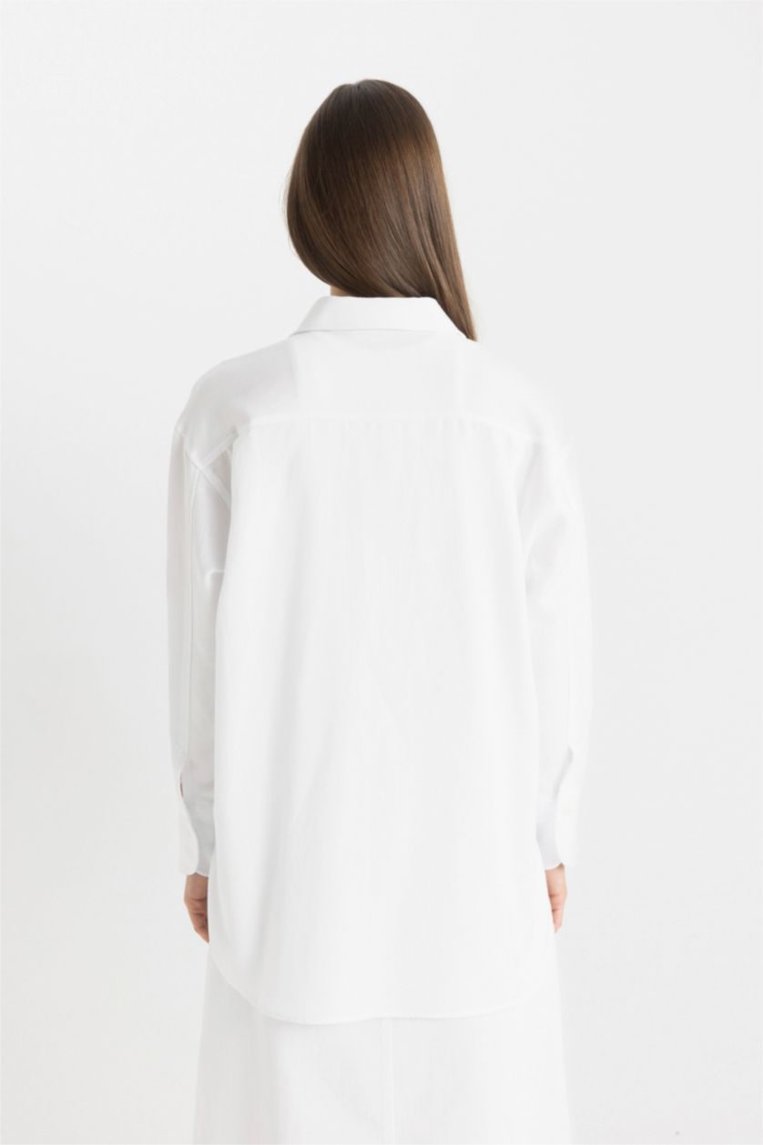 Kadın Beyaz Relax Fit Keten Uzun Kollu Gömlek Tunik