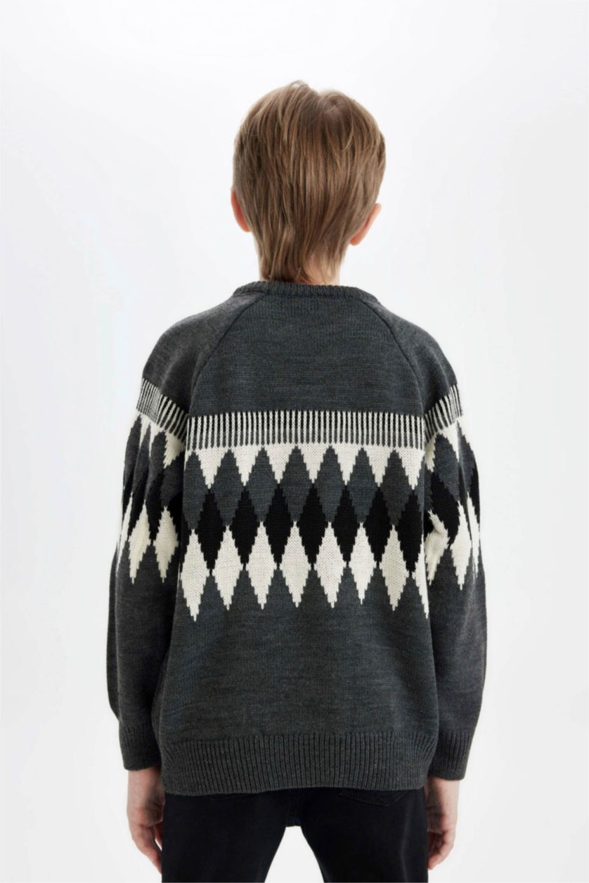 Мальчики и подростки Темно-серый меланж Свитер стандартного кроя с круглым вырезом для мальчиков