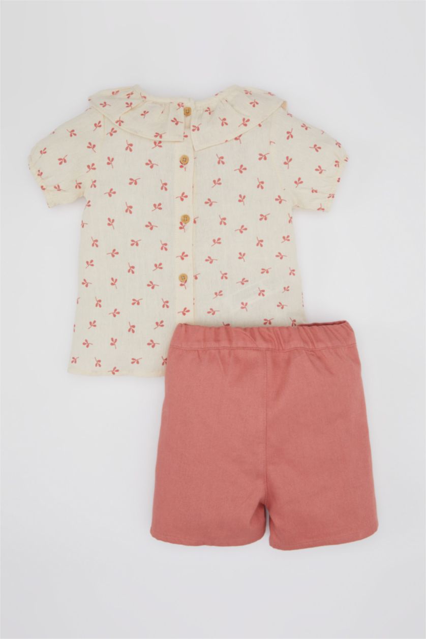 طفلة صغيرة وردي طقم بناتي فلورال بلوزة وشورت قصة عادية - قطعتين