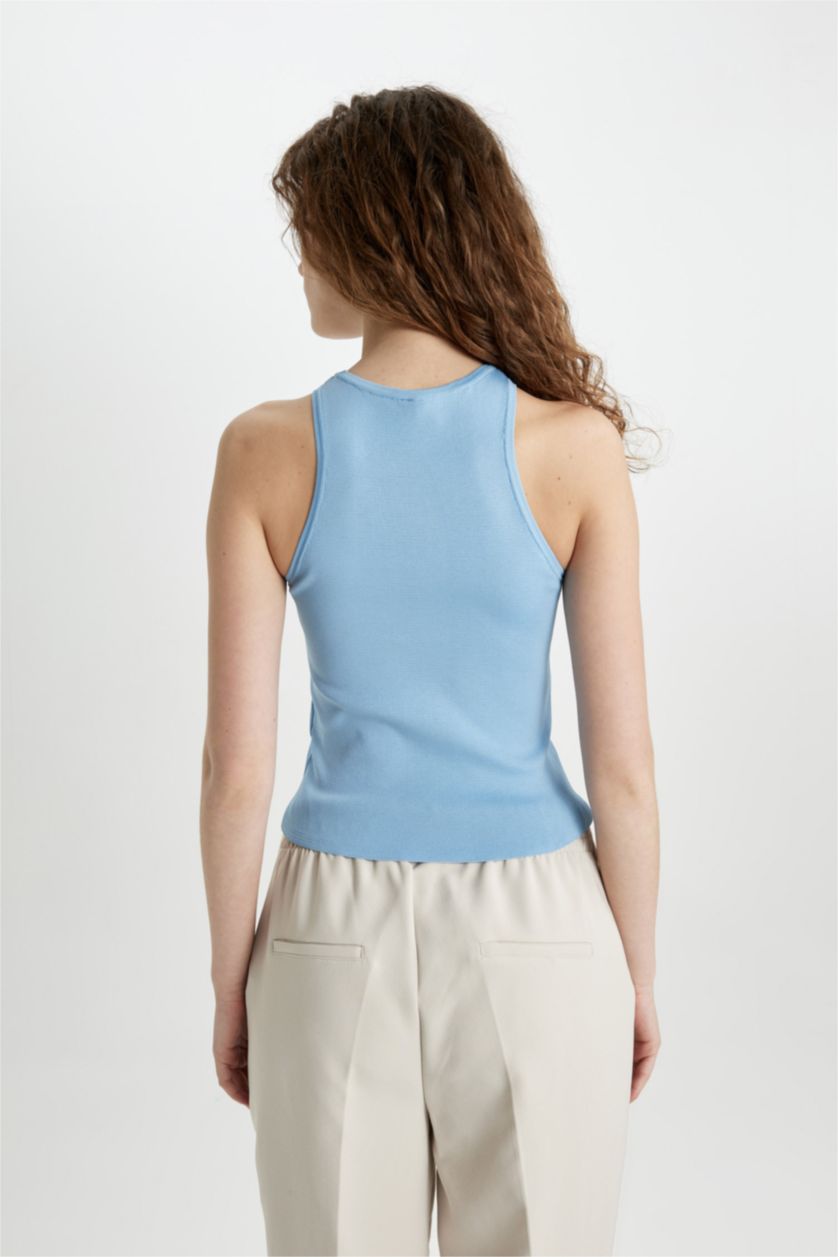 Kadın Açık Mavi Fitted Halter Yaka Basic Düz Triko Atlet