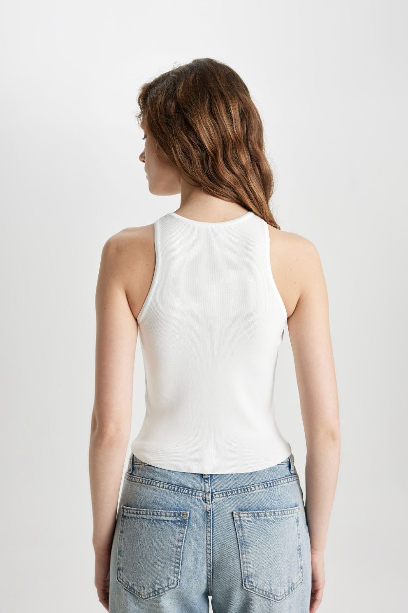 Kadın Ekru Fitted Halter Yaka Basic Düz Triko Atlet