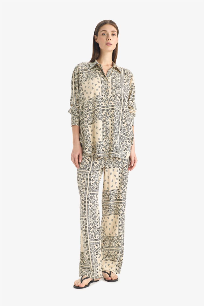 Kadın Ekru Şal Desenli Viskon Plaj Gömleği-Fall in Love