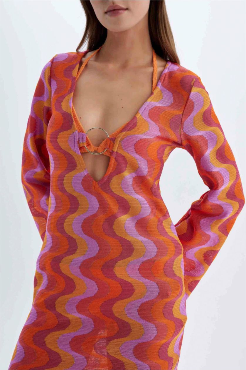 FEMME Violet Robe de Plage longue coupe régulière à manches longues et dentelle