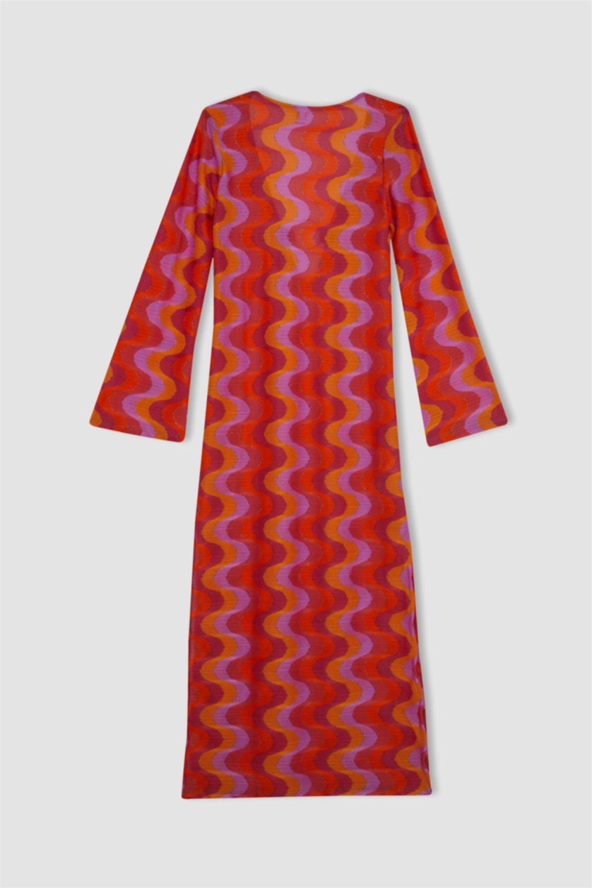 FEMME Violet Robe de Plage longue coupe régulière à manches longues et dentelle