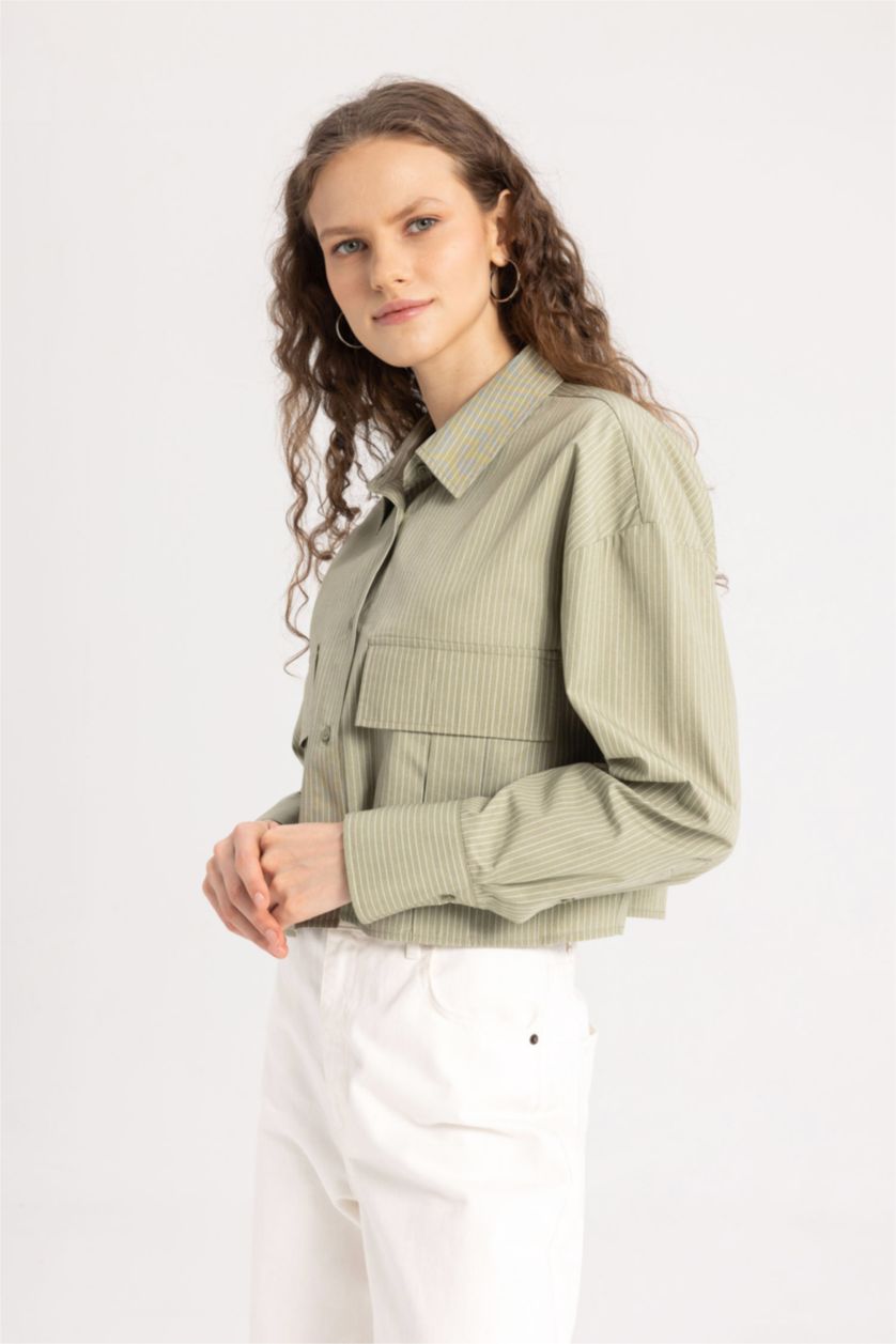 Kadın Açık Haki Regular Fit Çizgili Poplin Uzun Kollu Gömlek